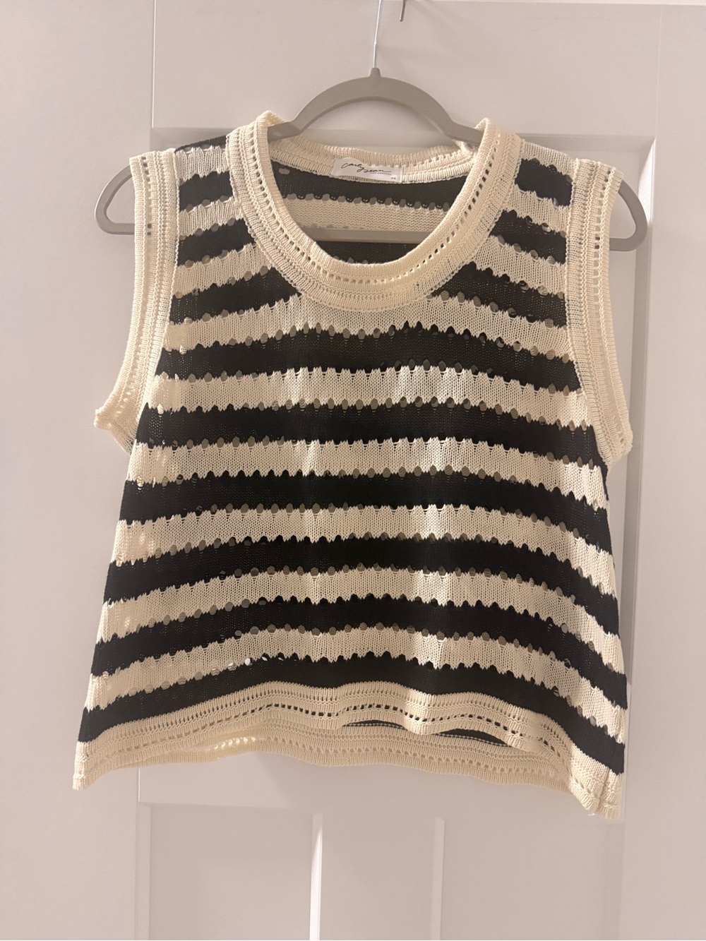 Carly Jean Los Angeles Black and Cream Striped Crochet Tank